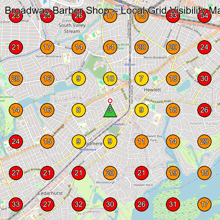 Broadway Barber Shop GeoGrid visibility map for Barber Shop in Lawrence